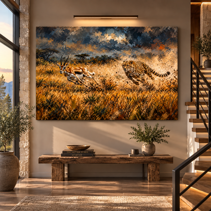 Cheetah Chasing Gazelle Wrapped Canvas Wall Art – Dramatic African Safari Wildlife Painting