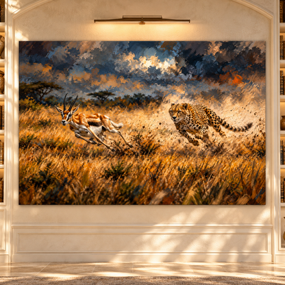 Cheetah Chasing Gazelle Wrapped Canvas Wall Art – Dramatic African Safari Wildlife Painting
