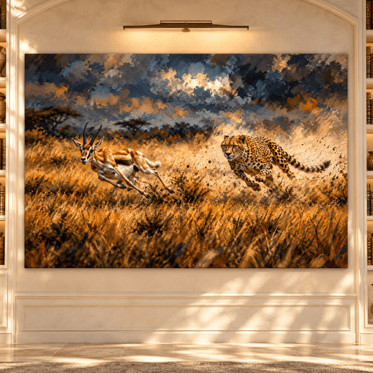 Cheetah Chasing Gazelle Wrapped Canvas Wall Art – Dramatic African Safari Wildlife Painting - ART OF ROYALS