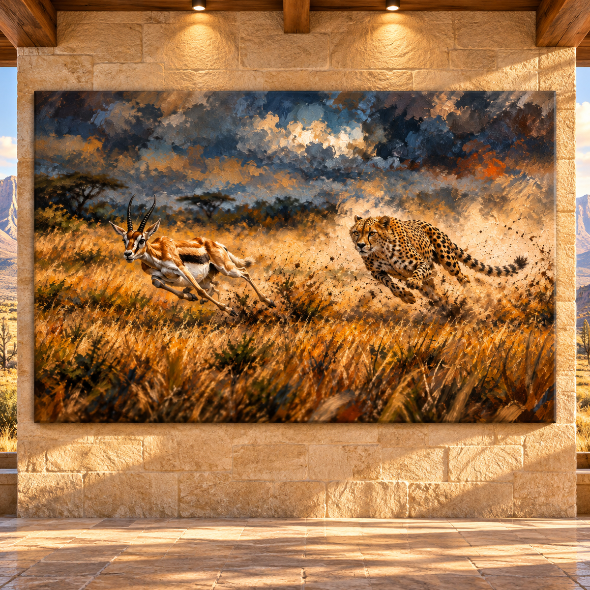 Cheetah Chasing Gazelle Wrapped Canvas Wall Art – Dramatic African Safari Wildlife Painting