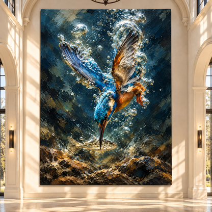 Kingfisher Diving for Fish Wrapped Canvas Wall Art – Underwater Bird Wildlife Painting