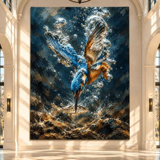 Kingfisher Diving for Fish Wrapped Canvas Wall Art – Underwater Bird Wildlife Painting - ART OF ROYALS