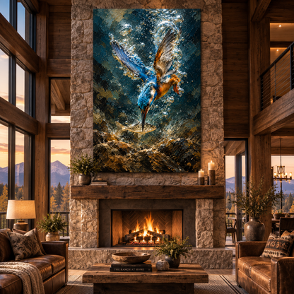 Kingfisher Diving for Fish Wrapped Canvas Wall Art – Underwater Bird Wildlife Painting