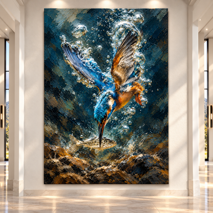 Kingfisher Diving for Fish Wrapped Canvas Wall Art – Underwater Bird Wildlife Painting