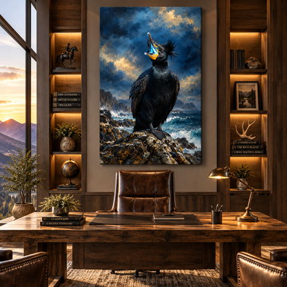 Great Cormorant Calling on Coastal Rocks Wrapped Canvas Wall Art – Dramatic Seabird Painting