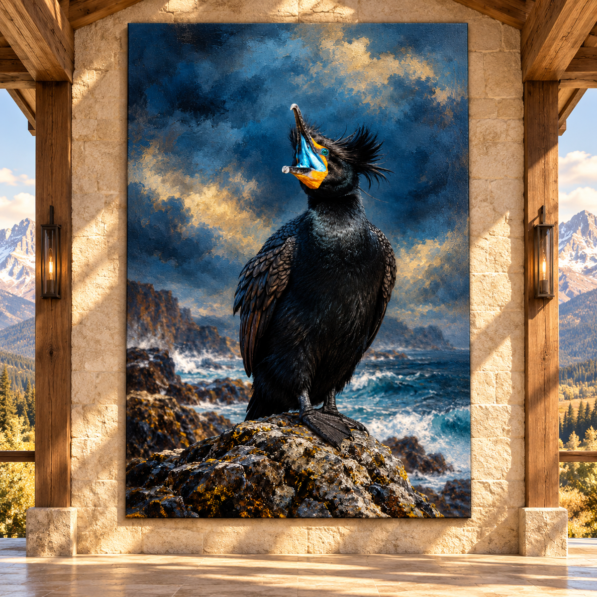 Great Cormorant Calling on Coastal Rocks Wrapped Canvas Wall Art – Dramatic Seabird Painting
