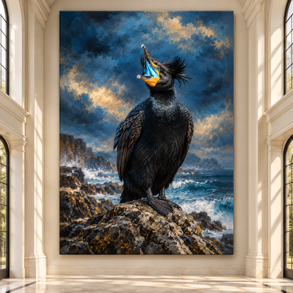 Great Cormorant Calling on Coastal Rocks Wrapped Canvas Wall Art – Dramatic Seabird Painting