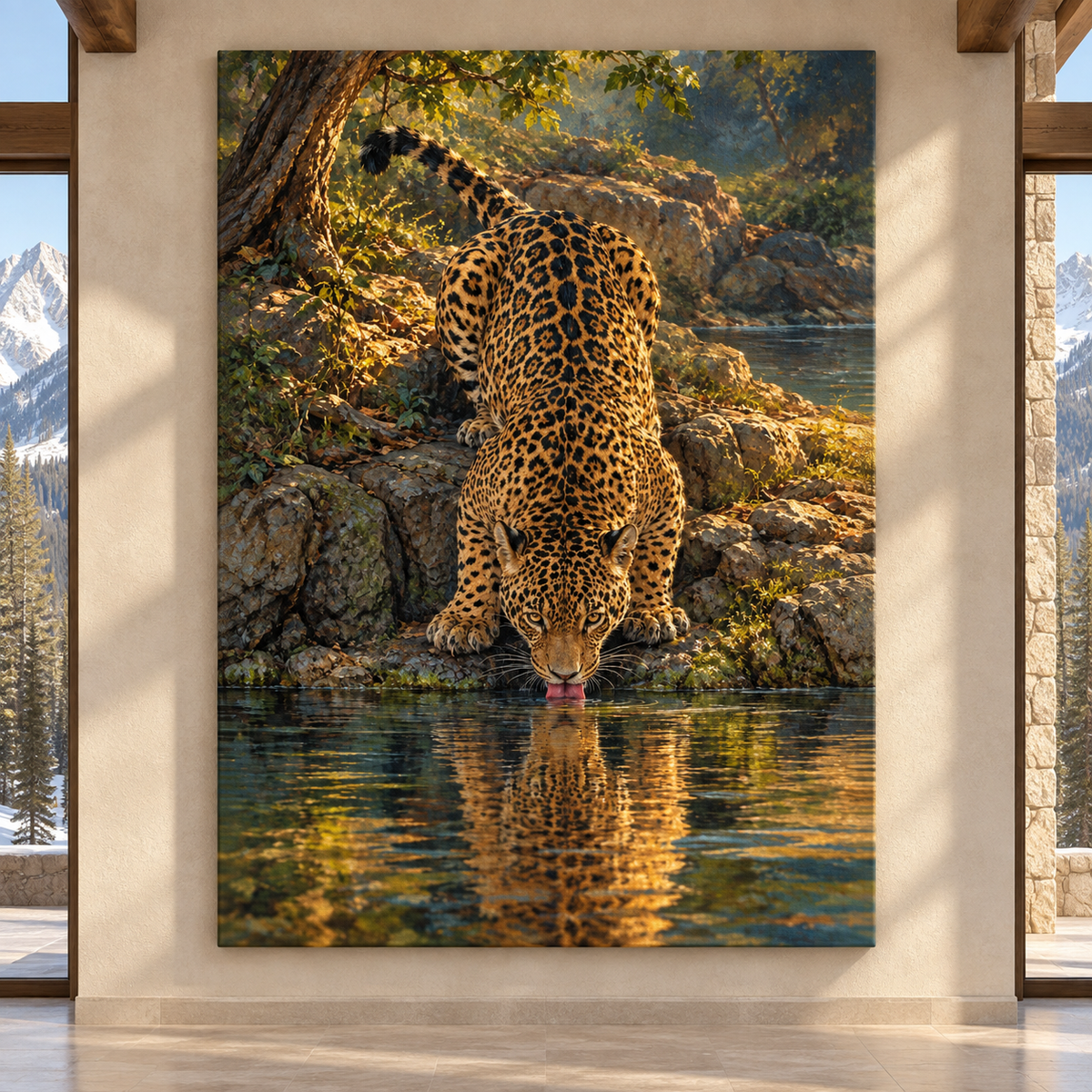 Jaguar Drinking at a Forest River Wrapped Canvas Wall Art – Golden Wildlife Painting