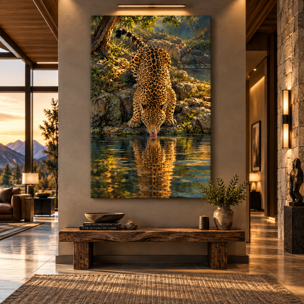 Jaguar Drinking at a Forest River Wrapped Canvas Wall Art – Golden Wildlife Painting