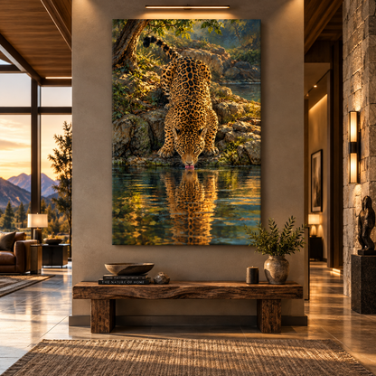 Jaguar Drinking at a Forest River Wrapped Canvas Wall Art – Golden Wildlife Painting