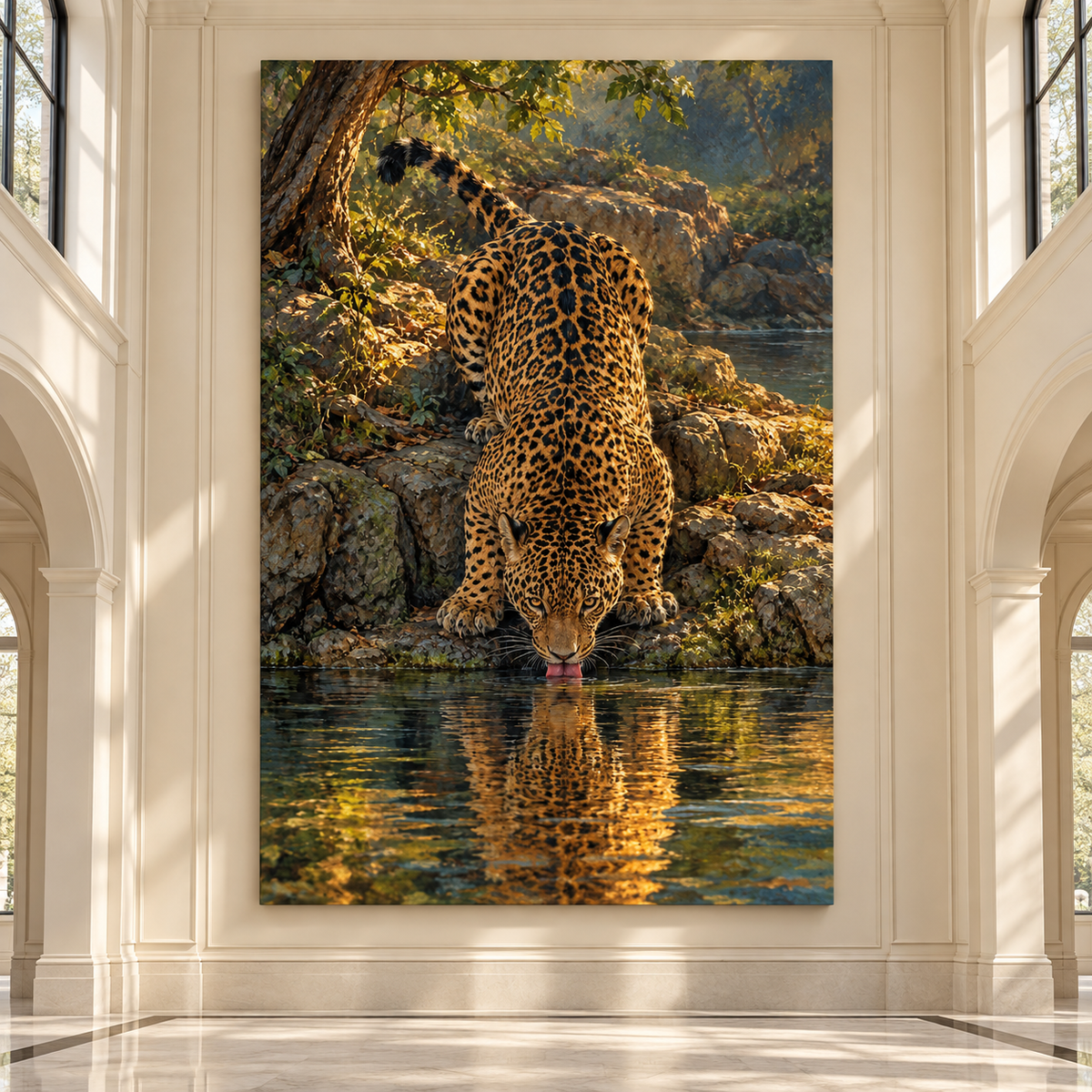 Jaguar Drinking at a Forest River Wrapped Canvas Wall Art – Golden Wildlife Painting