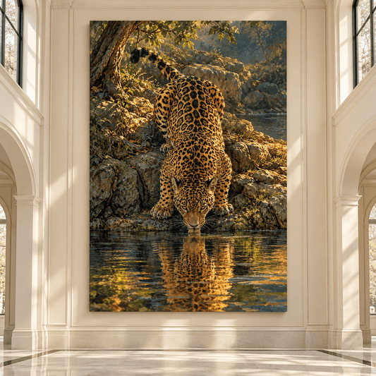 Jaguar Drinking at a Forest River Wrapped Canvas Wall Art – Golden Wildlife Painting - ART OF ROYALS