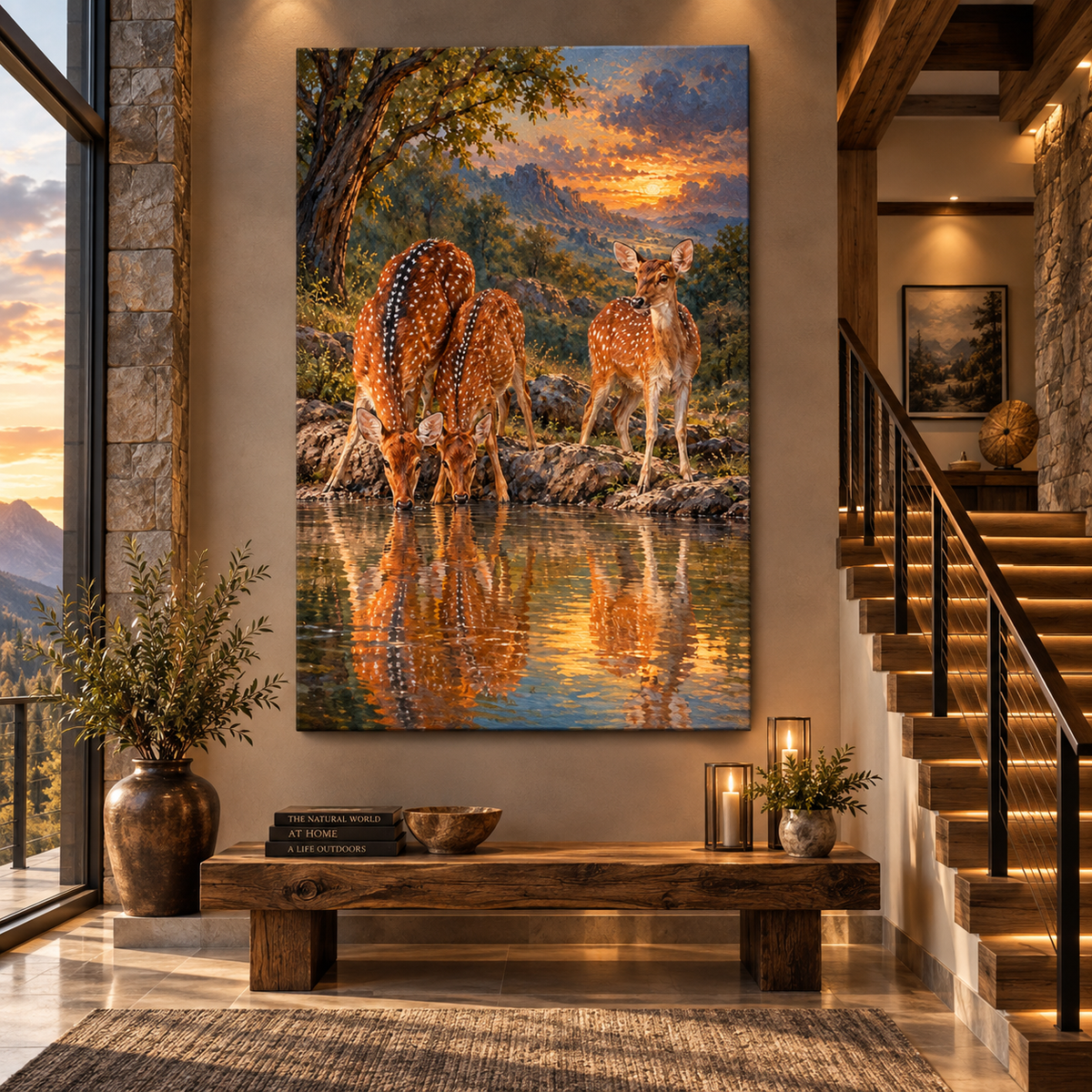 Spotted Deer Family at Sunset Wrapped Canvas Wall Art – Peaceful Woodland Wildlife Painting