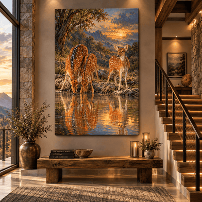Spotted Deer Family at Sunset Wrapped Canvas Wall Art – Peaceful Woodland Wildlife Painting