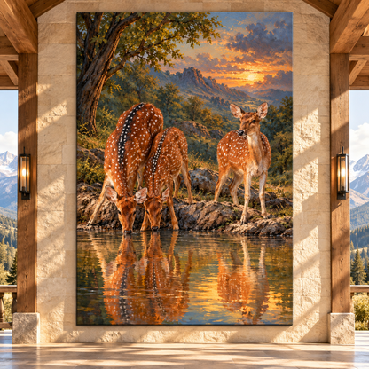 Spotted Deer Family at Sunset Wrapped Canvas Wall Art – Peaceful Woodland Wildlife Painting