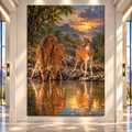 Spotted Deer Family at Sunset Wrapped Canvas Wall Art – Peaceful Woodland Wildlife Painting