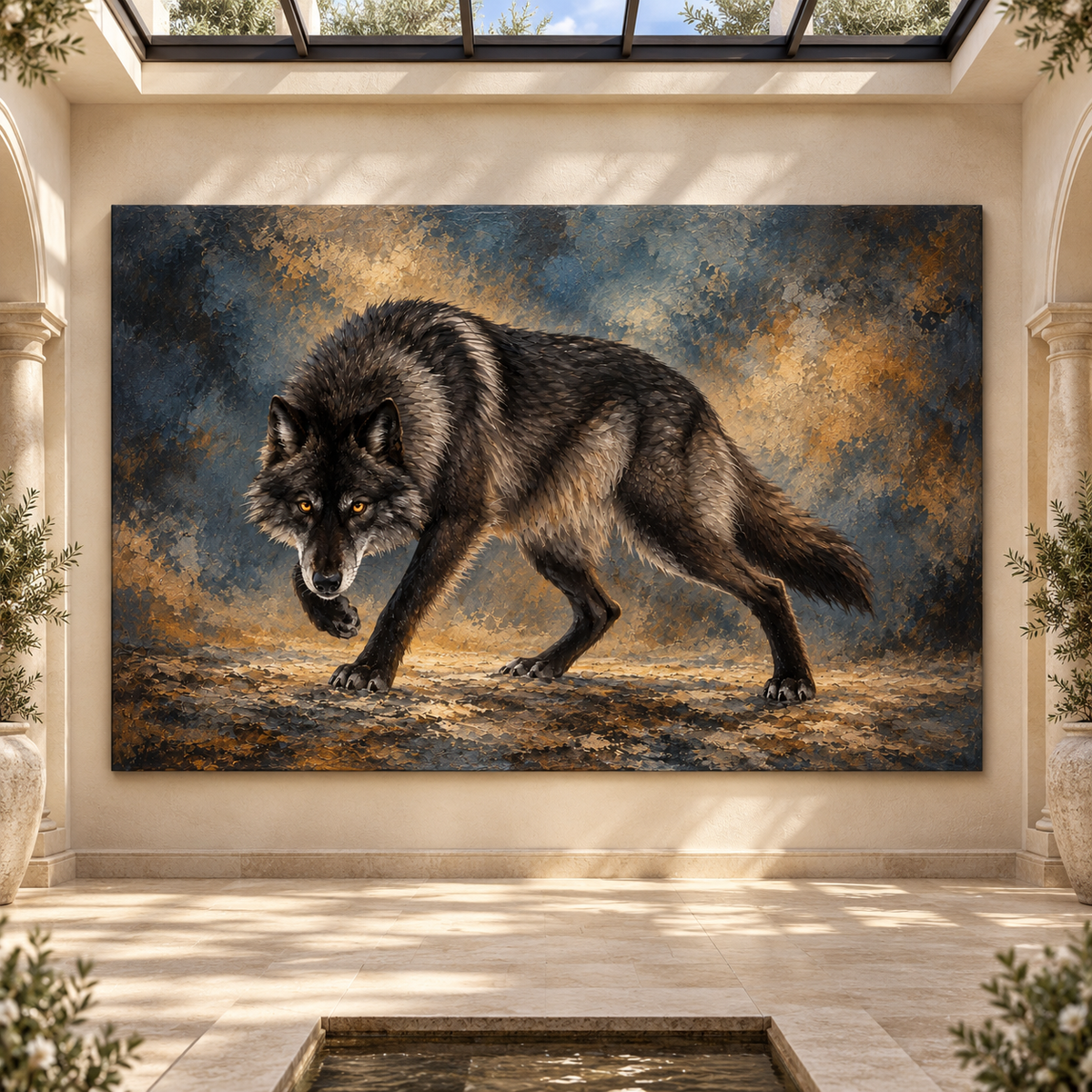 Black Wolf Wrapped Canvas Wall Art – Moody Charcoal & Gold Wildlife Painting