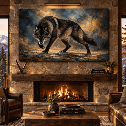Black Wolf Wrapped Canvas Wall Art – Moody Charcoal & Gold Wildlife Painting