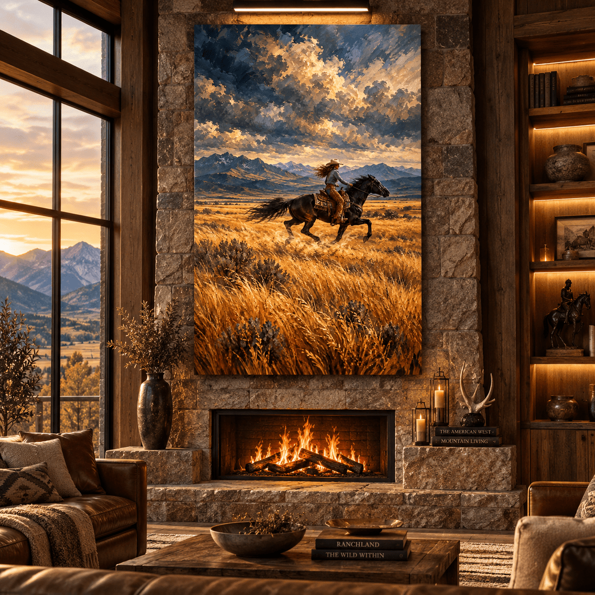 Cowgirl Riding Black Horse Wrapped Canvas Wall Art – Western Mountain Ranch Painting - ART OF ROYALS