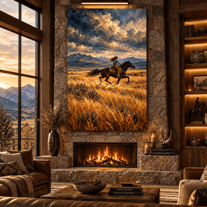 Cowgirl Riding Black Horse Wrapped Canvas Wall Art – Western Mountain Ranch Painting - ART OF ROYALS