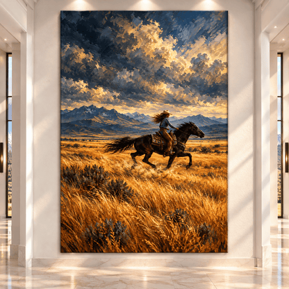 Cowgirl Riding Black Horse Wrapped Canvas Wall Art – Western Mountain Ranch Painting - ART OF ROYALS