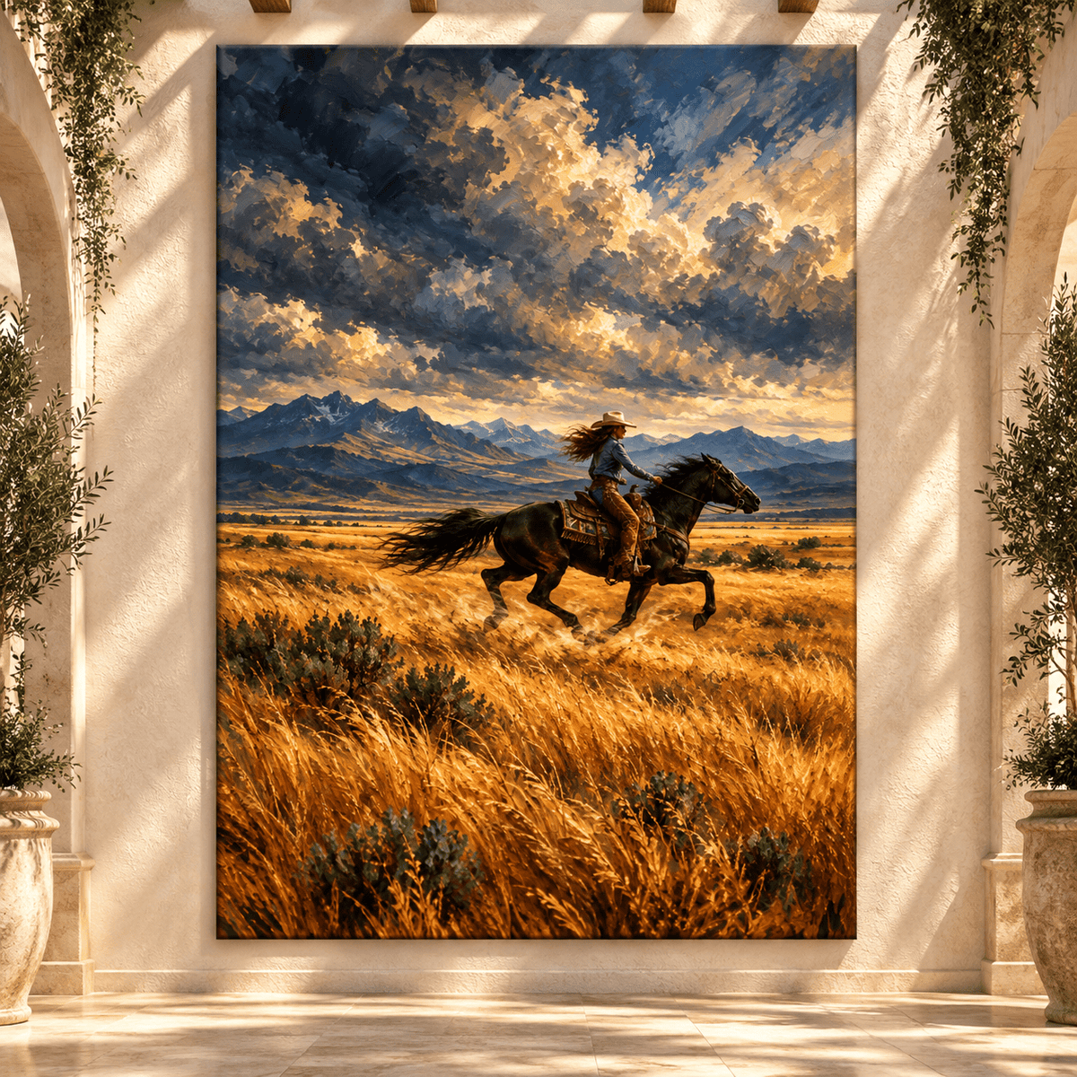 Cowgirl Riding Black Horse Wrapped Canvas Wall Art – Western Mountain Ranch Painting - ART OF ROYALS