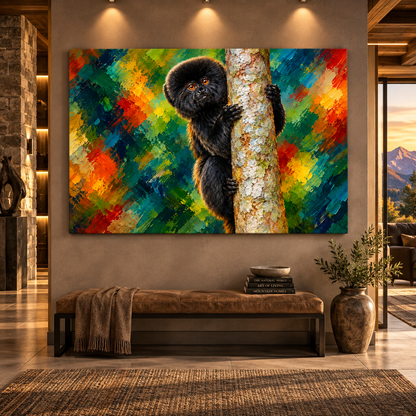 Black Marmoset Climbing Tree Wrapped Canvas Wall Art – Colorful Tropical Monkey Painting