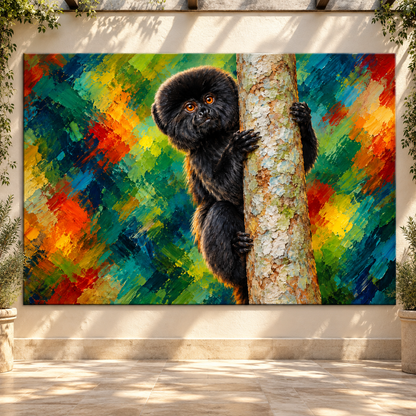 Black Marmoset Climbing Tree Wrapped Canvas Wall Art – Colorful Tropical Monkey Painting