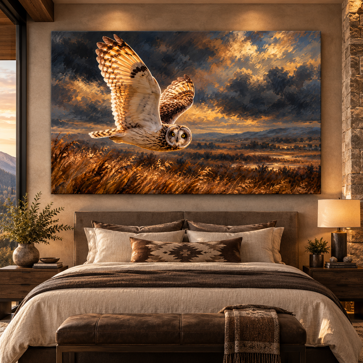 Short-Eared Owl in Flight Wrapped Canvas Wall Art – Golden Prairie Wildlife Painting