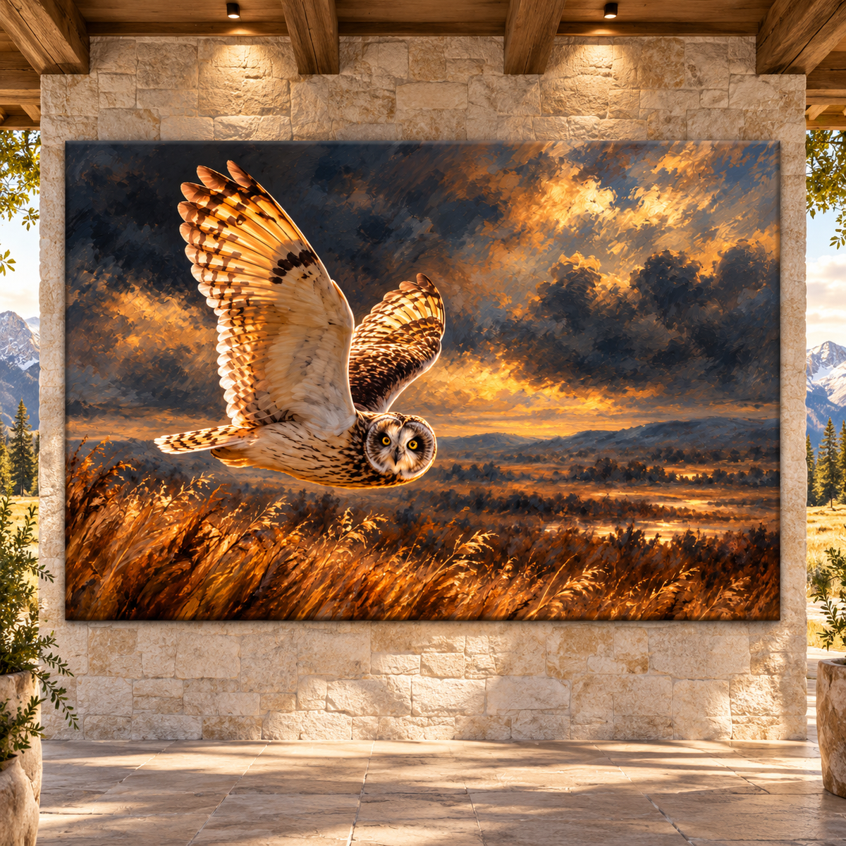 Short-Eared Owl in Flight Wrapped Canvas Wall Art – Golden Prairie Wildlife Painting