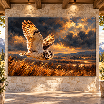 Short-Eared Owl in Flight Wrapped Canvas Wall Art – Golden Prairie Wildlife Painting