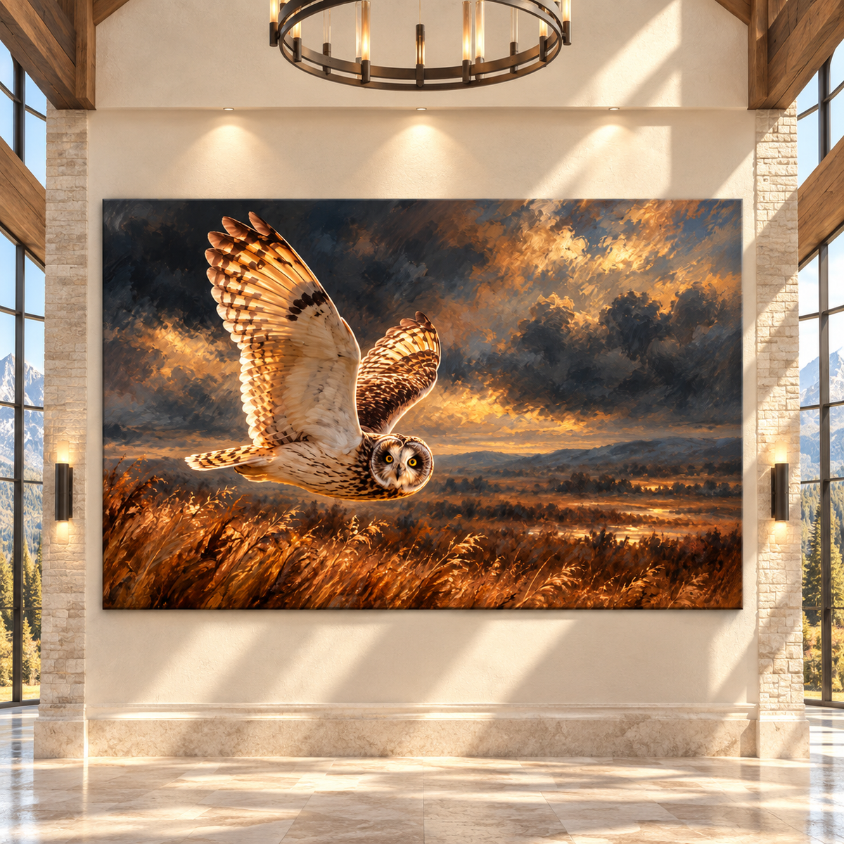 Short-Eared Owl in Flight Wrapped Canvas Wall Art – Golden Prairie Wildlife Painting