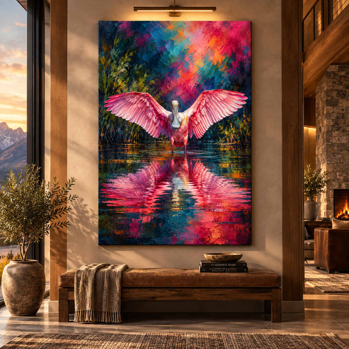 Roseate Spoonbill Wings Spread Wrapped Canvas Wall Art – Colorful Pink Wetland Bird Painting