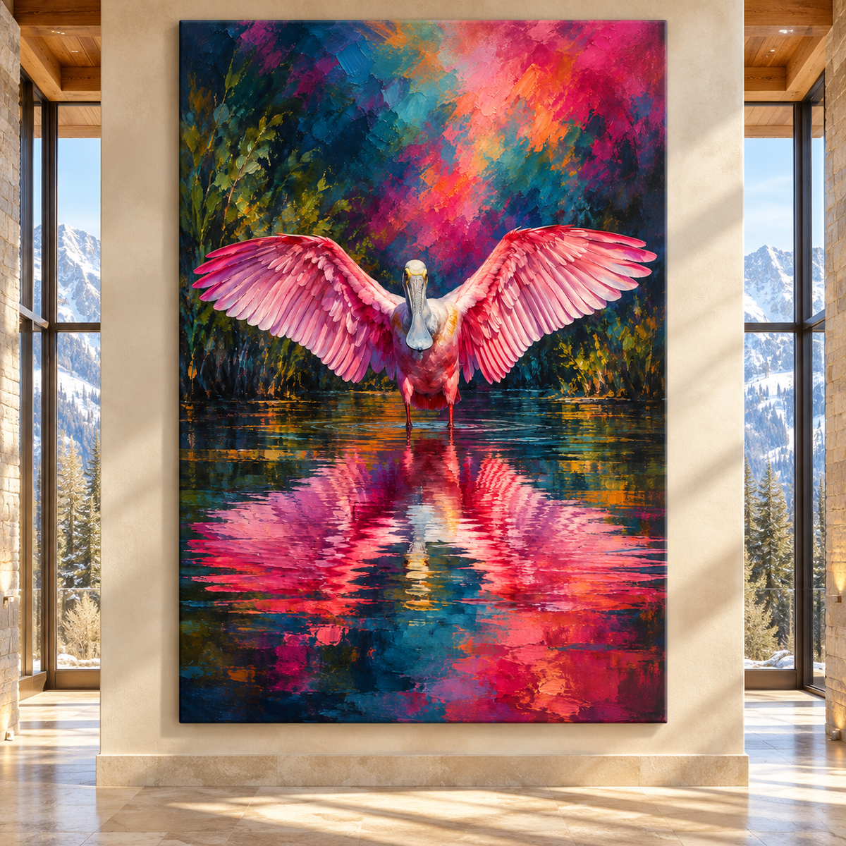Roseate Spoonbill Wings Spread Wrapped Canvas Wall Art – Colorful Pink Wetland Bird Painting