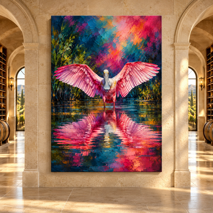 Roseate Spoonbill Wings Spread Wrapped Canvas Wall Art – Colorful Pink Wetland Bird Painting
