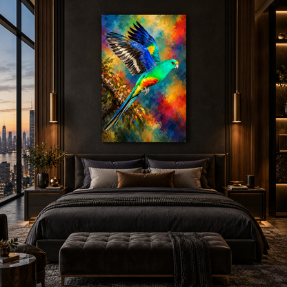 Colorful Parrot in Flight Wrapped Canvas Wall Art – Vibrant Tropical Bird Painting