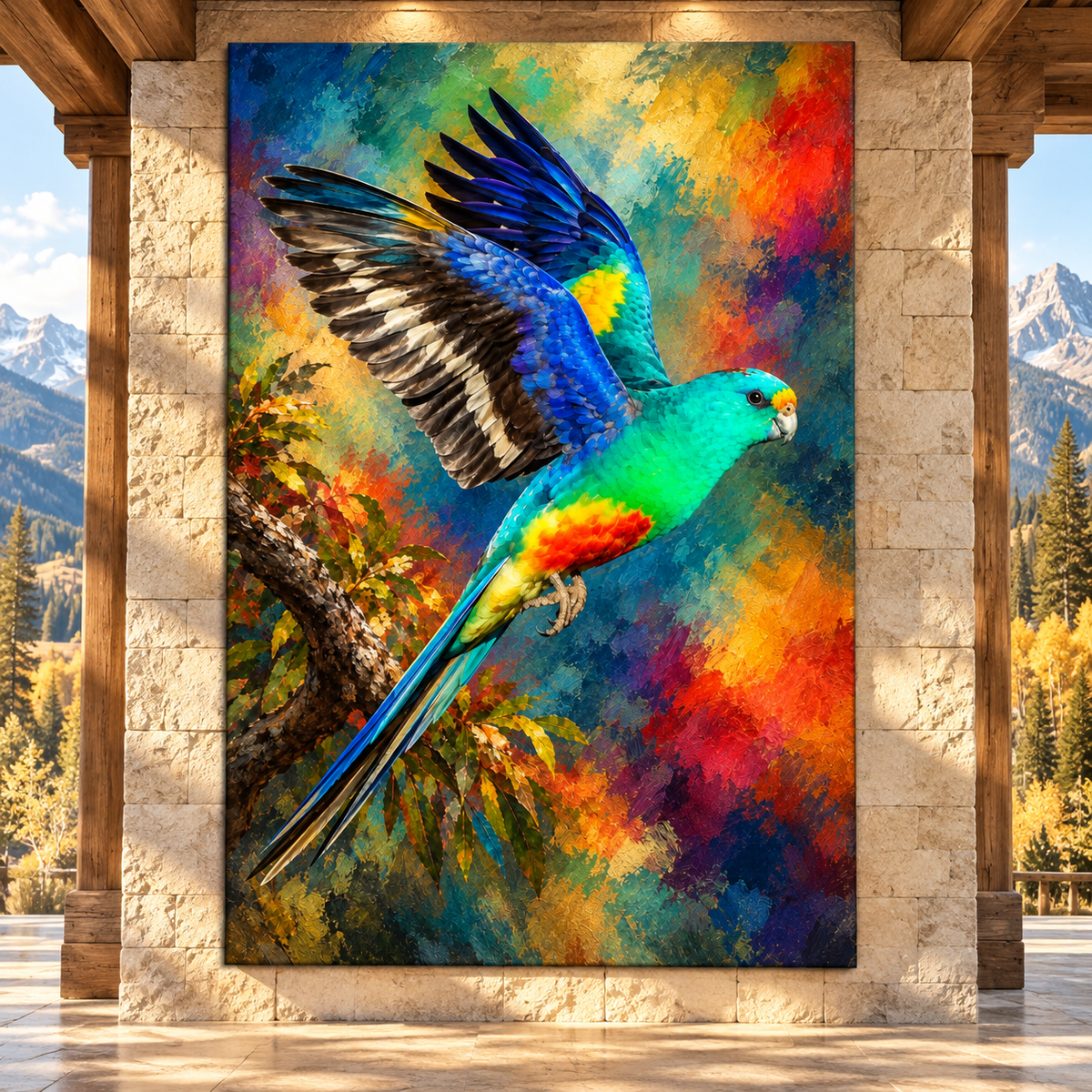 Colorful Parrot in Flight Wrapped Canvas Wall Art – Vibrant Tropical Bird Painting