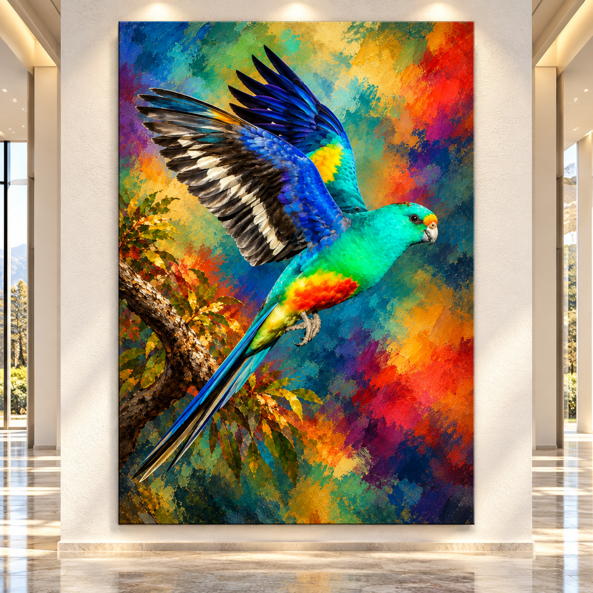 Colorful Parrot in Flight Wrapped Canvas Wall Art – Vibrant Tropical Bird Painting