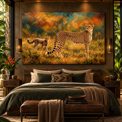 Cheetah Mother and Cub Wrapped Canvas Wall Art – African Wildlife Family Painting