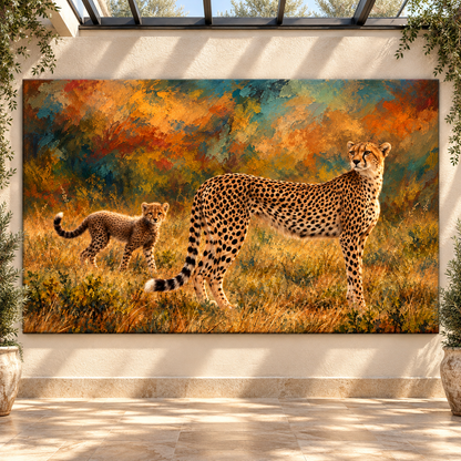 Cheetah Mother and Cub Wrapped Canvas Wall Art – African Wildlife Family Painting