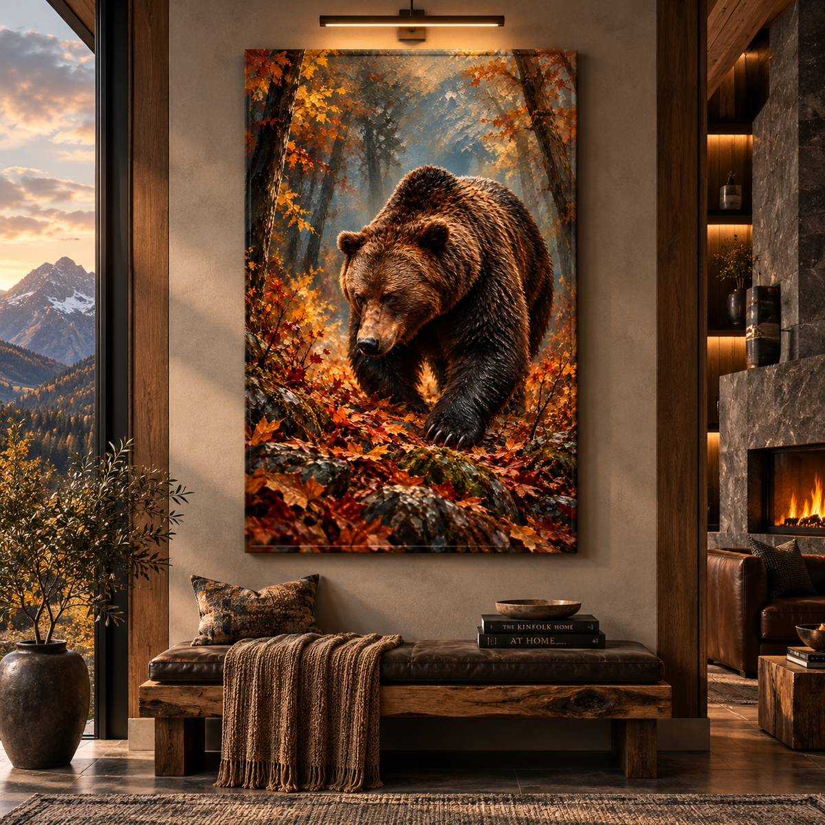 Grizzly Bear in Autumn Forest Wrapped Canvas Wall Art – Rustic Woodland Wildlife Painting