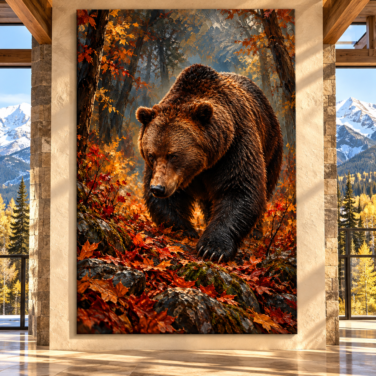 Grizzly Bear in Autumn Forest Wrapped Canvas Wall Art – Rustic Woodland Wildlife Painting