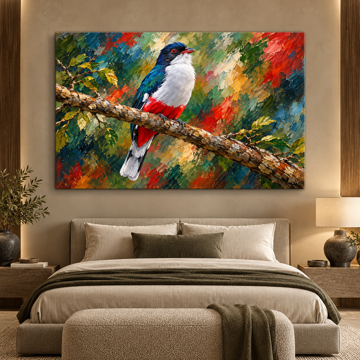 Colorful Trogon Bird Wrapped Canvas Wall Art – Vibrant Tropical Forest Painting