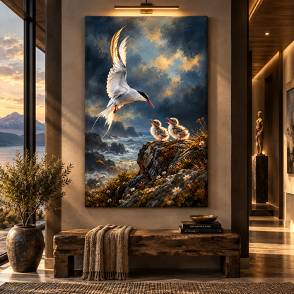 Arctic Tern Feeding Chicks Wrapped Canvas Wall Art – Coastal Seabird Family Painting