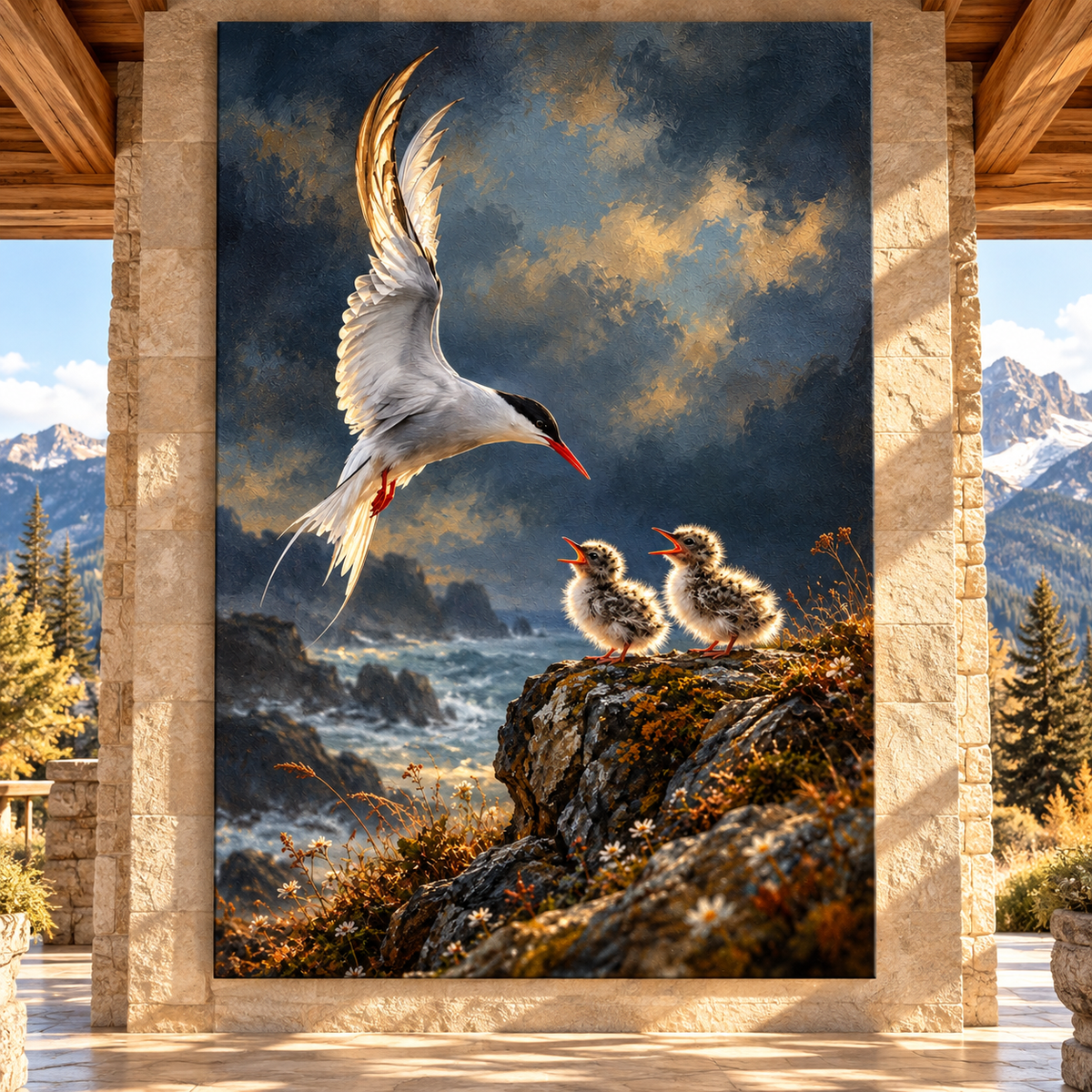 Arctic Tern Feeding Chicks Wrapped Canvas Wall Art – Coastal Seabird Family Painting