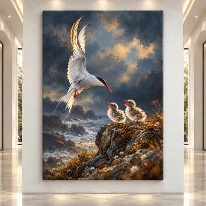 Arctic Tern Feeding Chicks Wrapped Canvas Wall Art – Coastal Seabird Family Painting