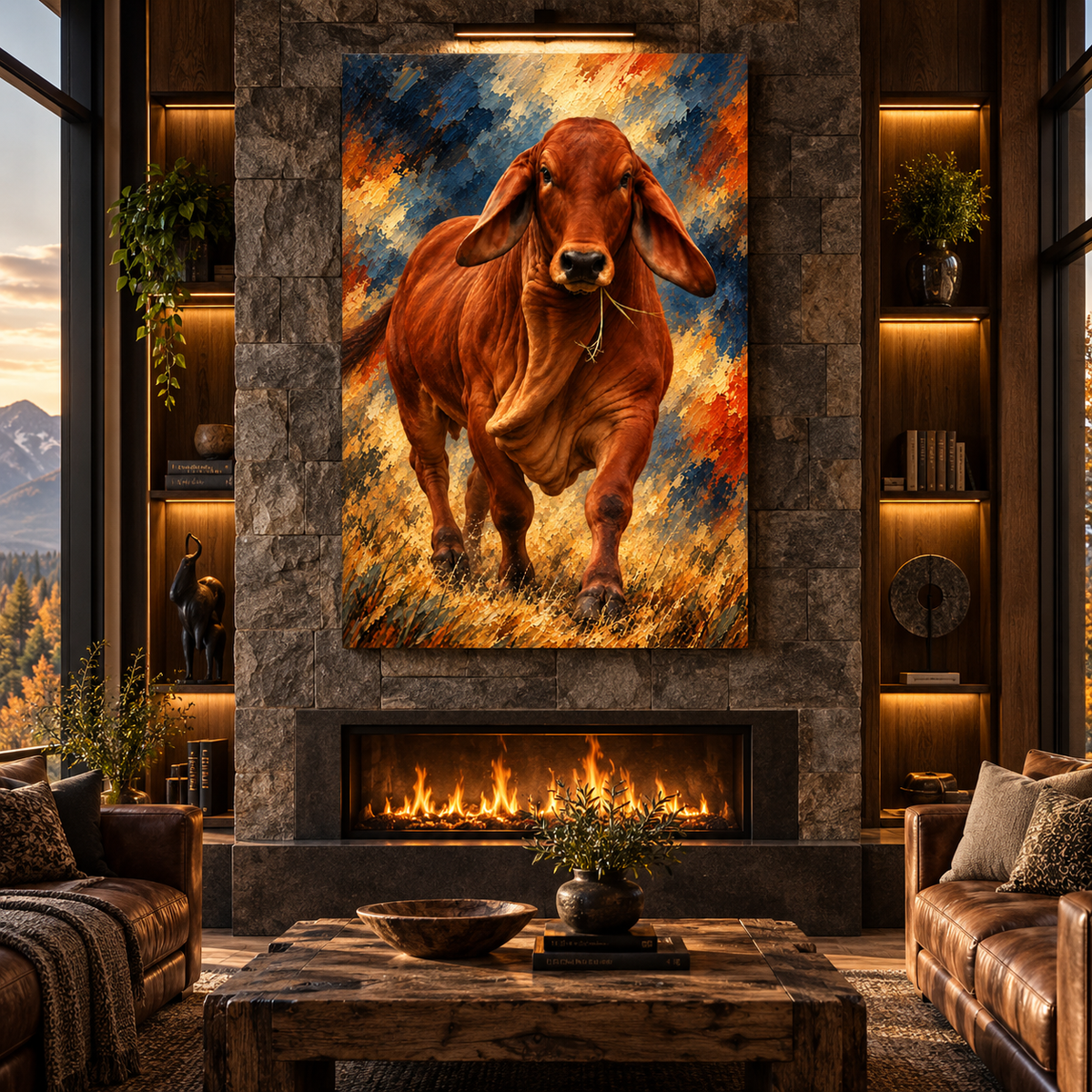 Red Brahman Cow Wrapped Canvas Wall Art – Rustic Cattle Portrait Painting