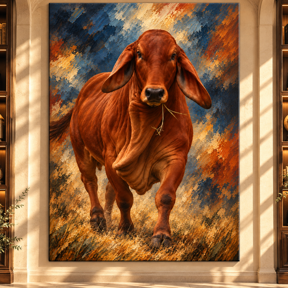 Red Brahman Cow Wrapped Canvas Wall Art – Rustic Cattle Portrait Painting
