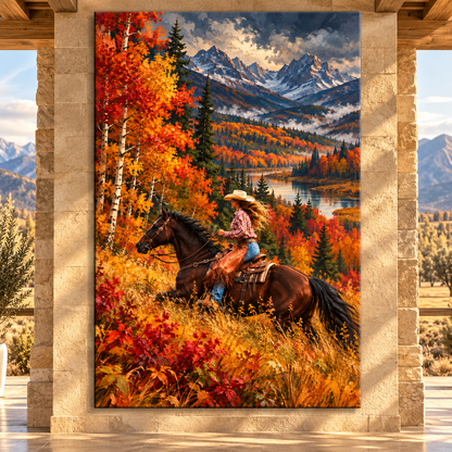 Cowgirl Horseback Riding Wrapped Canvas Wall Art – Autumn Mountain Western Painting