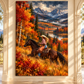 Cowgirl Horseback Riding Wrapped Canvas Wall Art – Autumn Mountain Western Painting